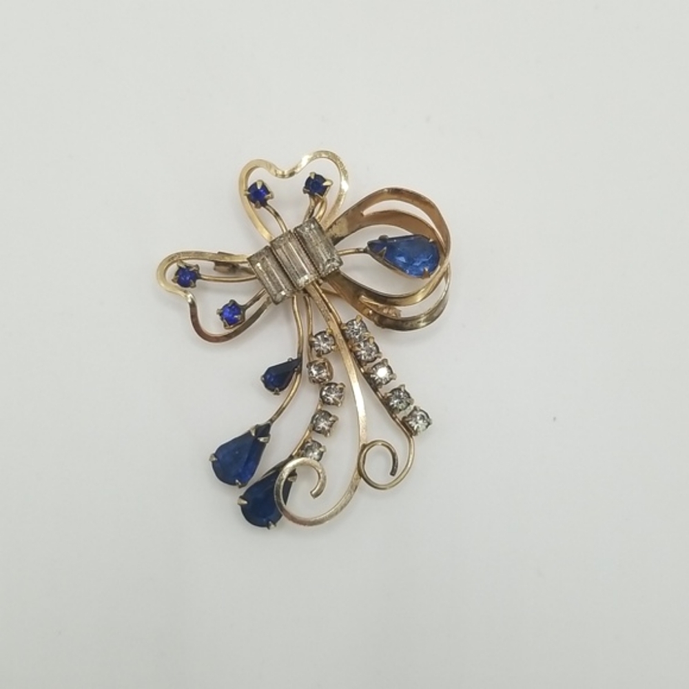Linc 50's Gold 12KGF Royal Blue Crystals White Rhinestone Brooch